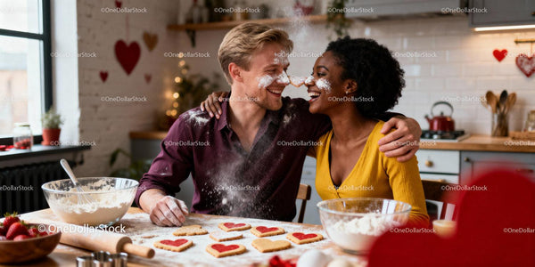 Couple Playfully Baking Heart Cookies on Valentines Day