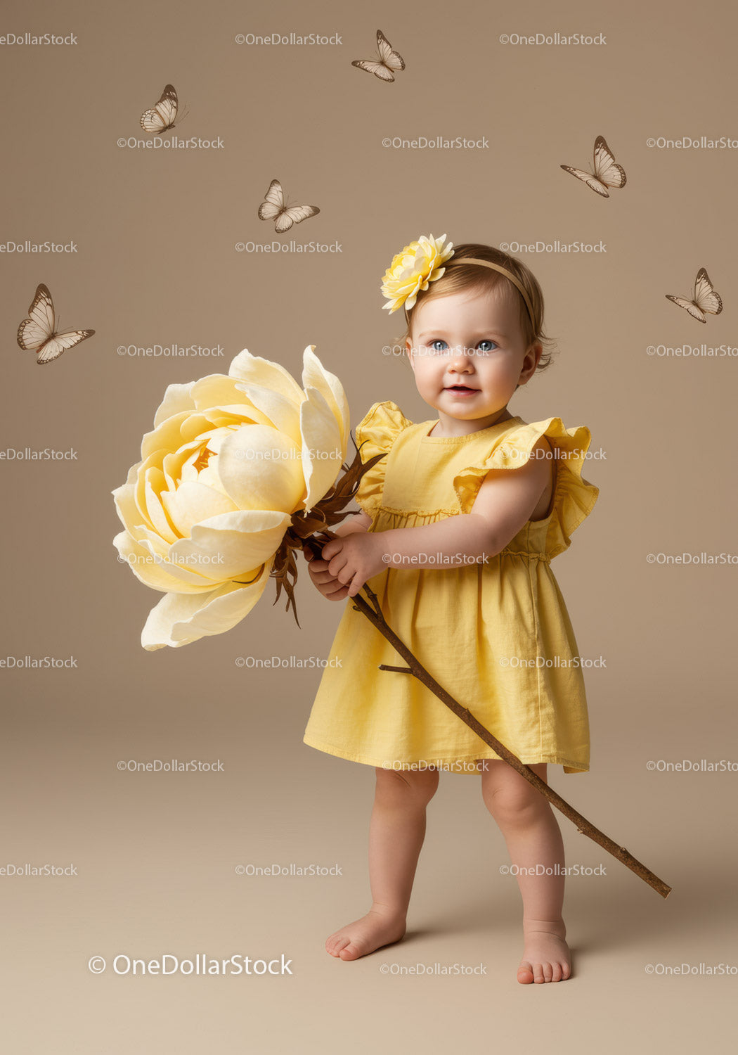 Toddler in Yellow Dress Holding Giant Flower Amid Butterflies
