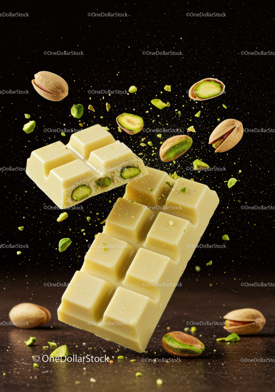 White chocolate bar with crunchy pistachios scattered