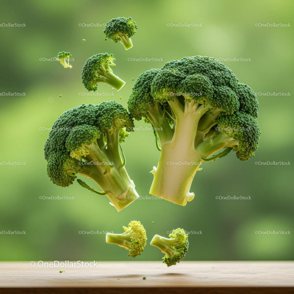 Fresh broccoli florets levitating over wooden surface
