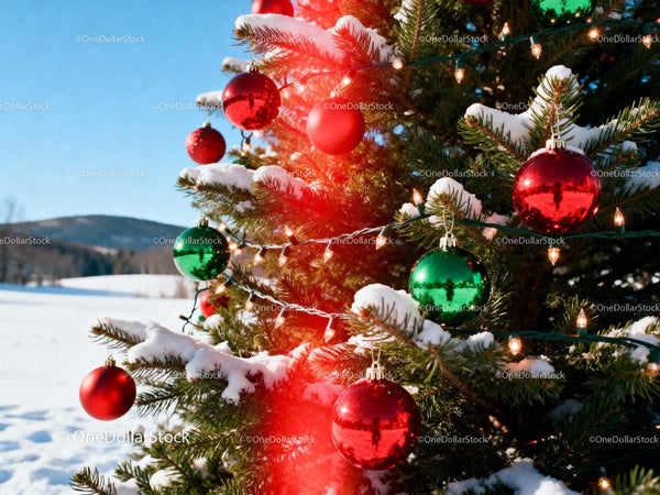 Snow-covered Christmas tree with festive ornaments outdoors