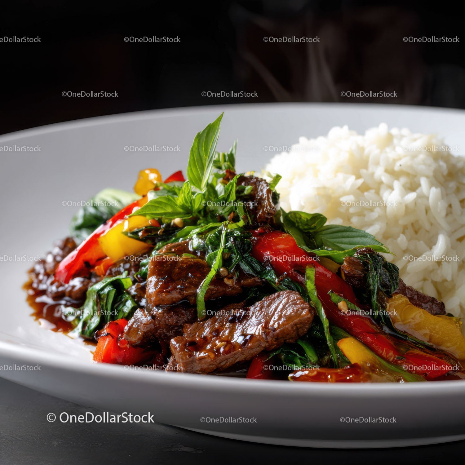Fresh Beef Stir-fry with Bell Peppers and Basil Over Jasmine Rice