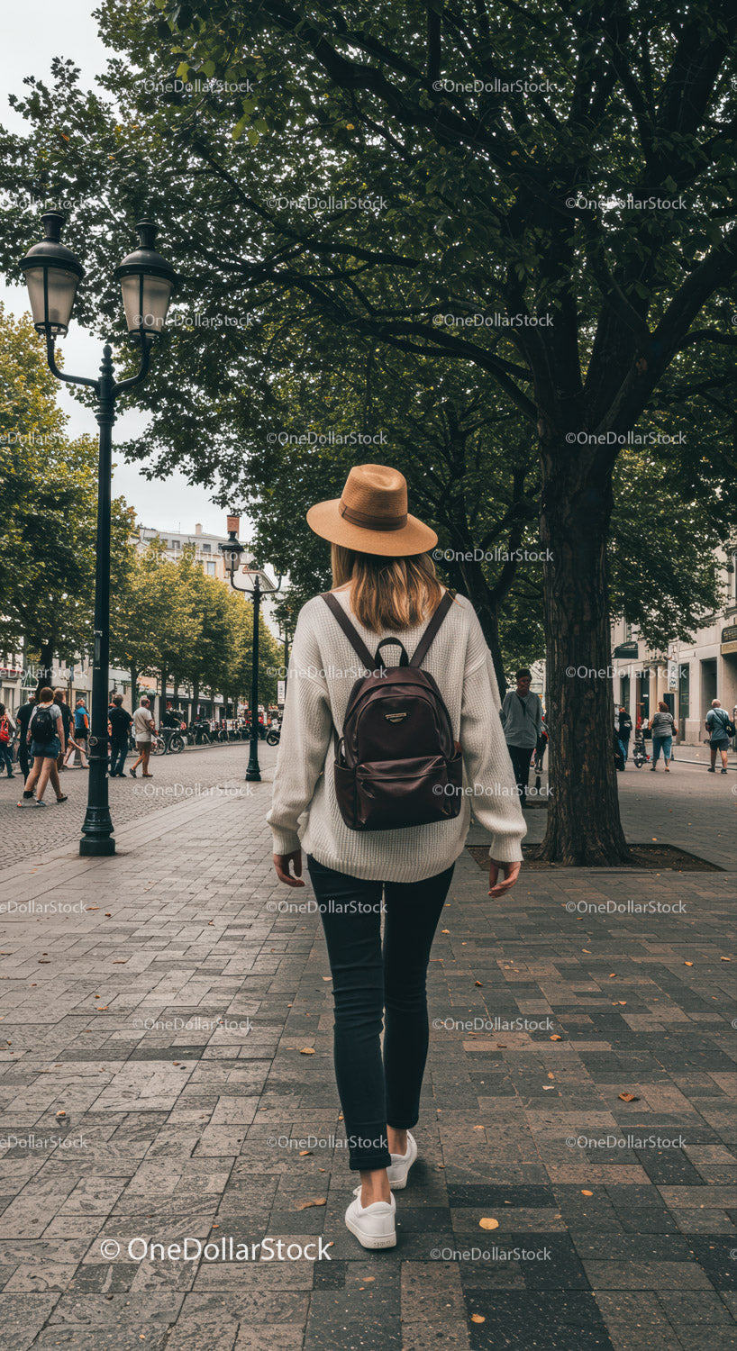 Woman Walking on City Street with Backpack in Urban Park Scene