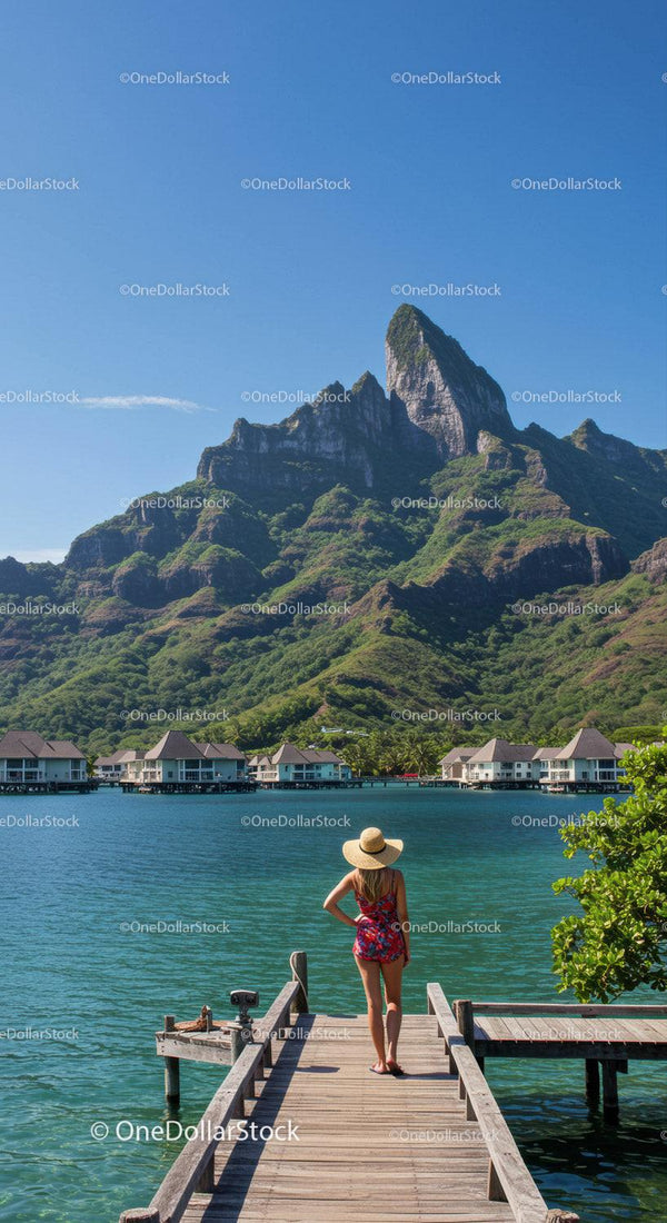 Mountain Peak with Overwater Bavilions and Scenic Waterfront View