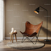 Cozy leather butterfly chair with soft lighting
