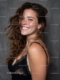 Elegant Woman with Long Wavy Hair Smiling in Fashion Portrait