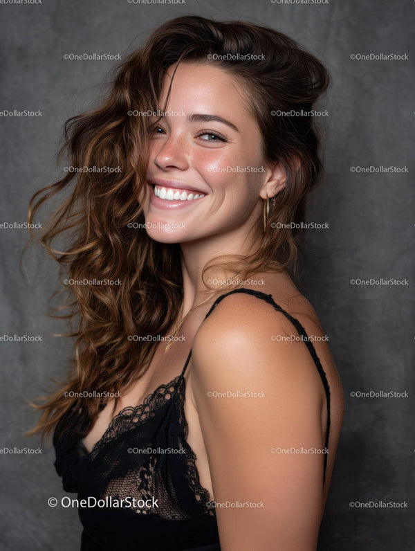 Elegant Woman with Long Wavy Hair Smiling in Fashion Portrait