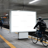 Urban subway platform with blank billboard and cyclist