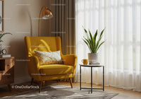 Cozy corner with yellow armchair and indoor plant