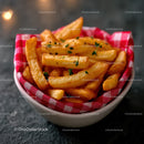 Golden French Fries in Red Checkered Basket on Dark Surface