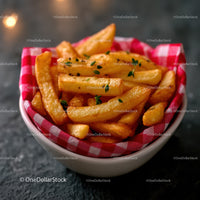 Golden French Fries in Red Checkered Basket on Dark Surface