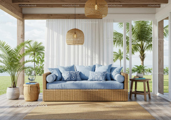 Cozy wicker sofa with blue cushions in tropical veranda