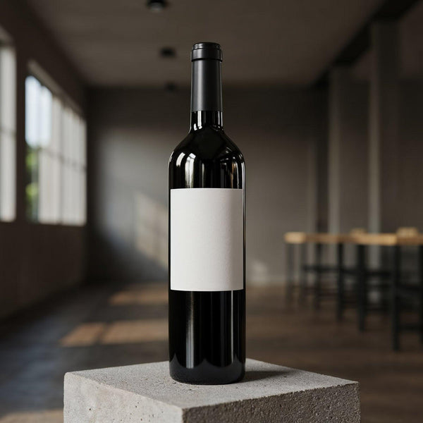 Dark wine bottle with blank label on concrete pedestal JPG Mockup Image