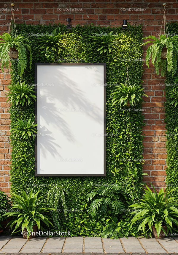 Blank board surrounded by lush green plants on brick wall JPG Mockup Image