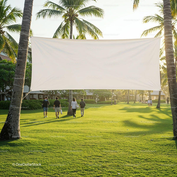 Group Walking on Sunlit Lawn with Blank Banner JPG Mockup Image