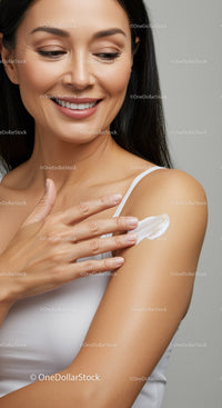 Smiling Woman Applying Sunscreen to Shoulder for Skin Protection