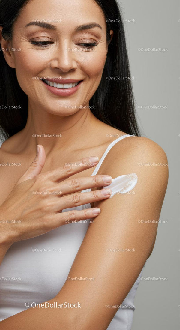 Smiling Woman Applying Sunscreen to Shoulder for Skin Protection