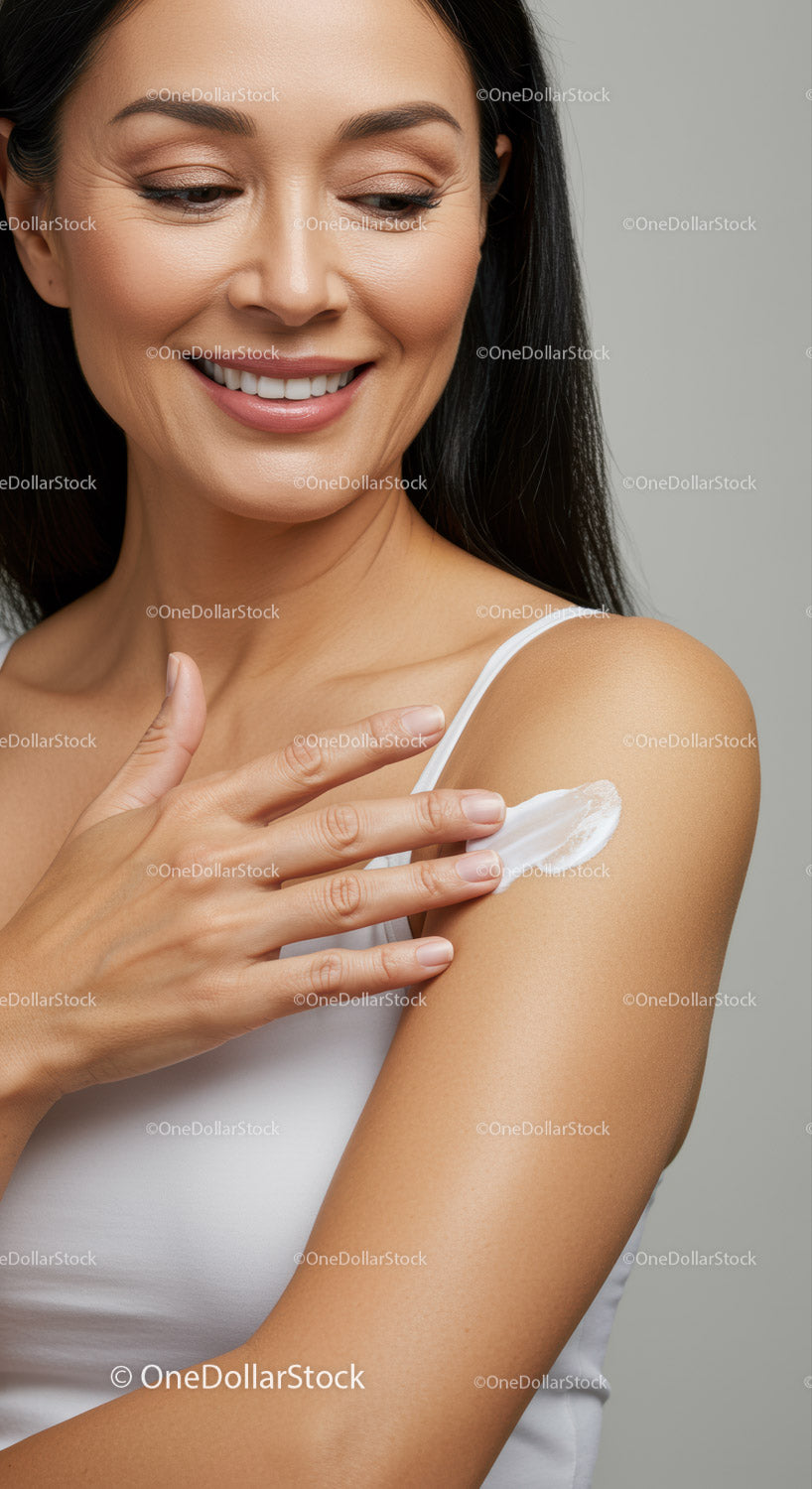 Smiling Woman Applying Sunscreen to Shoulder for Skin Protection