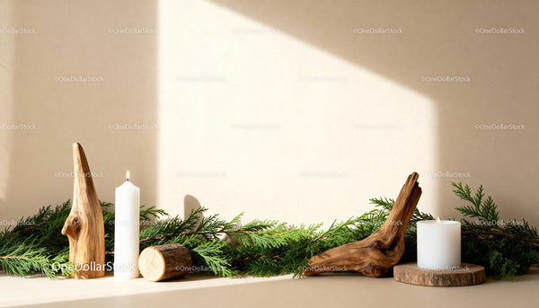Natural Wooden Decor with Greenery and White Candles