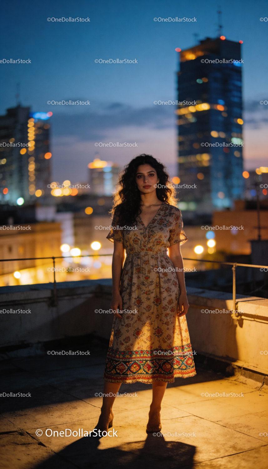 Young woman in floral dress stands on urban rooftop at dusk