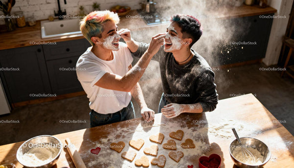 Couple having fun baking heart cookies at home