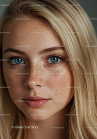 Close-up portrait of blue-eyed woman with freckles
