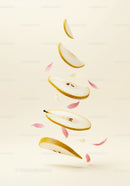 Floating pear slices with delicate pink petals