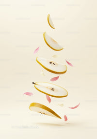 Floating pear slices with delicate pink petals