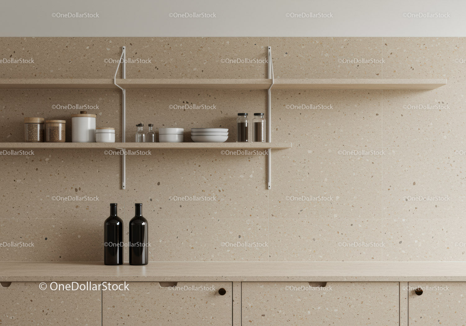 Modern Kitchen with Beige Stone Wall and Stylish Storage
