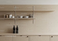 Modern Kitchen with Beige Stone Wall and Stylish Storage