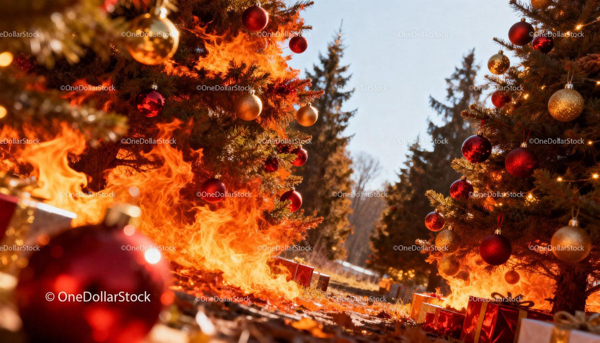 Christmas Trees Ablaze Among Holiday Decorations Outdoors