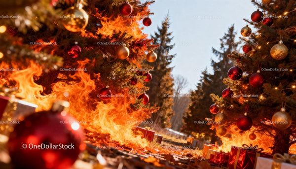 Christmas Trees Ablaze Among Holiday Decorations Outdoors