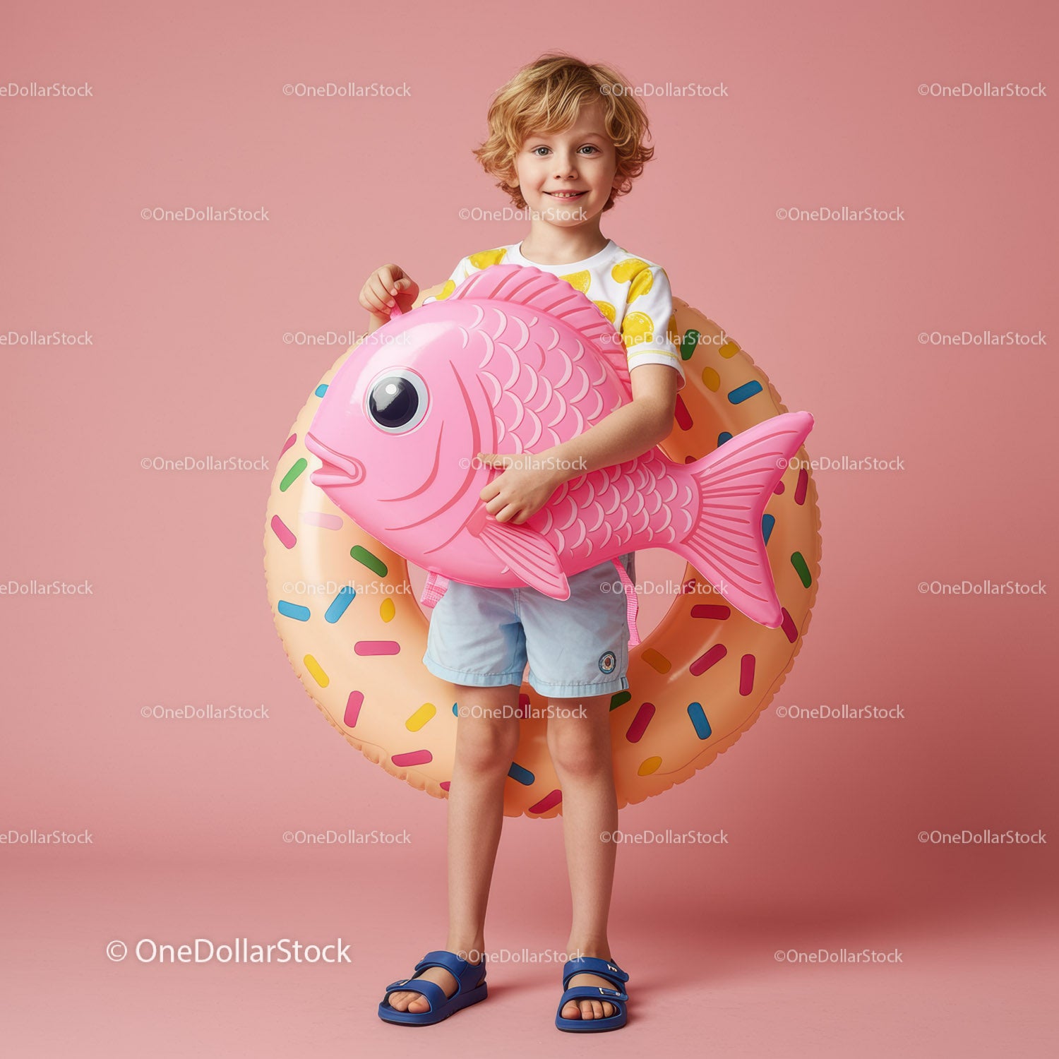 Smiling child holding inflatable fish and donut pool float