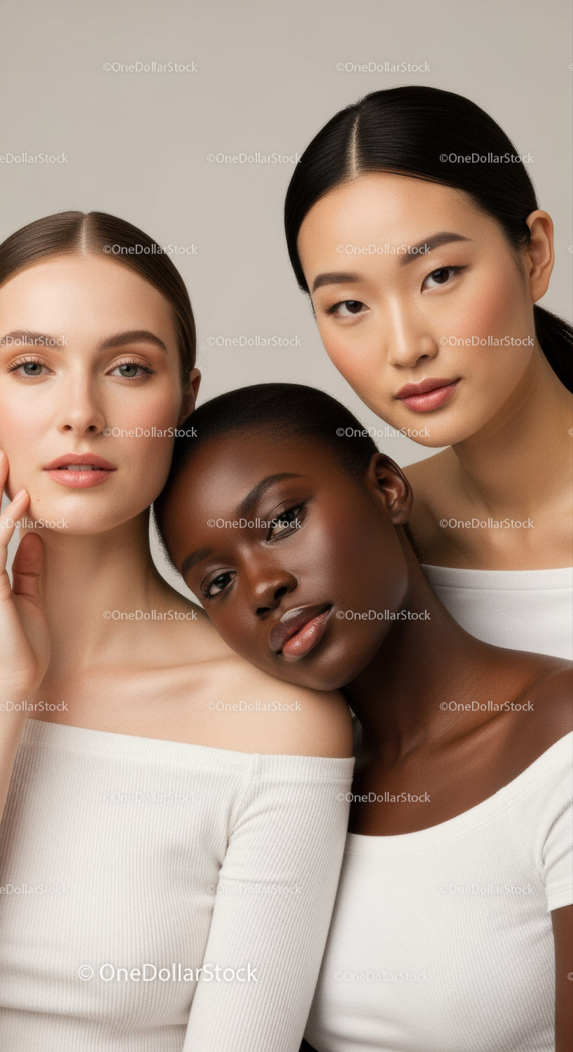 Diverse Women with Natural Makeup in Close-Up Portraits for Beauty and Fashion