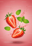 Fresh strawberry halves with mint leaves and water splash