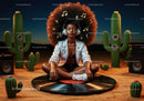 Young woman meditating with music in desert night