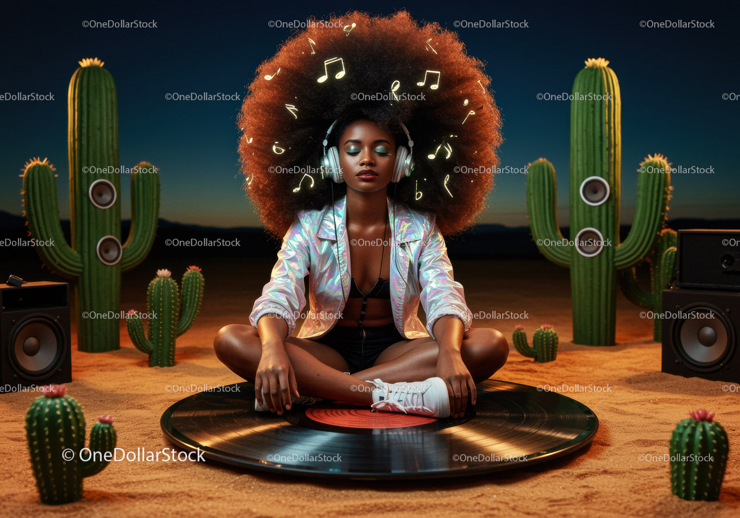 Young woman meditating with music in desert night