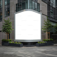Blank urban billboard framed by modern planters and trees