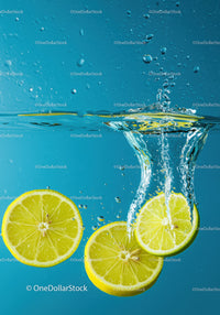 Fresh lemon slices splashing into clear blue water