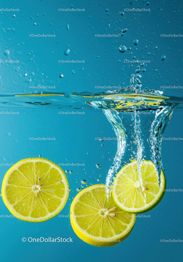 Fresh lemon slices splashing into clear blue water