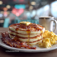 Stack of Fluffy Pancakes with Bacon and Syrup in Cozy Breakfast Setting