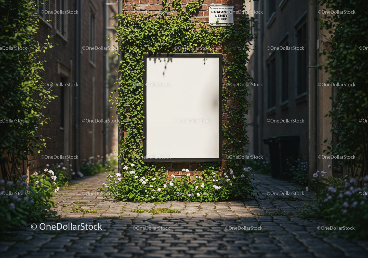 Blank poster on ivy-covered brick wall in cobblestone alley
