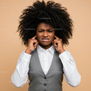 Frustrated Woman Covering Ears with Annoyed Expression