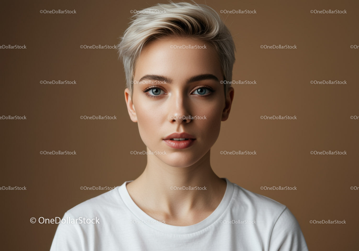 Portrait of a Young Woman with Short Blonde Hair and Blue Eyes