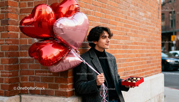 Young man holding heart balloons and chocolates outdoors