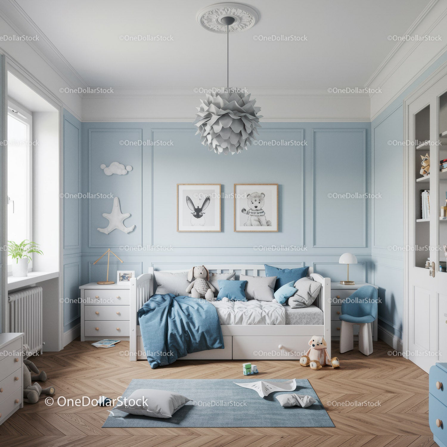 Beautiful Blue Nursery with Toys and Wall Art in a Cozy Child's Bedroom