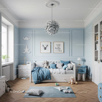 Beautiful Blue Nursery with Toys and Wall Art in a Cozy Child's Bedroom