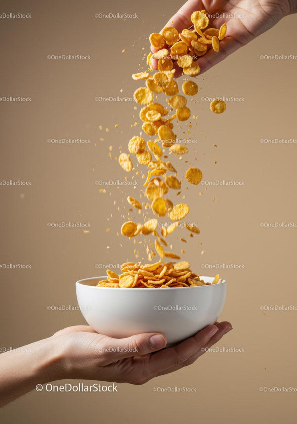 Hand pouring crunchy corn flakes into white bowl