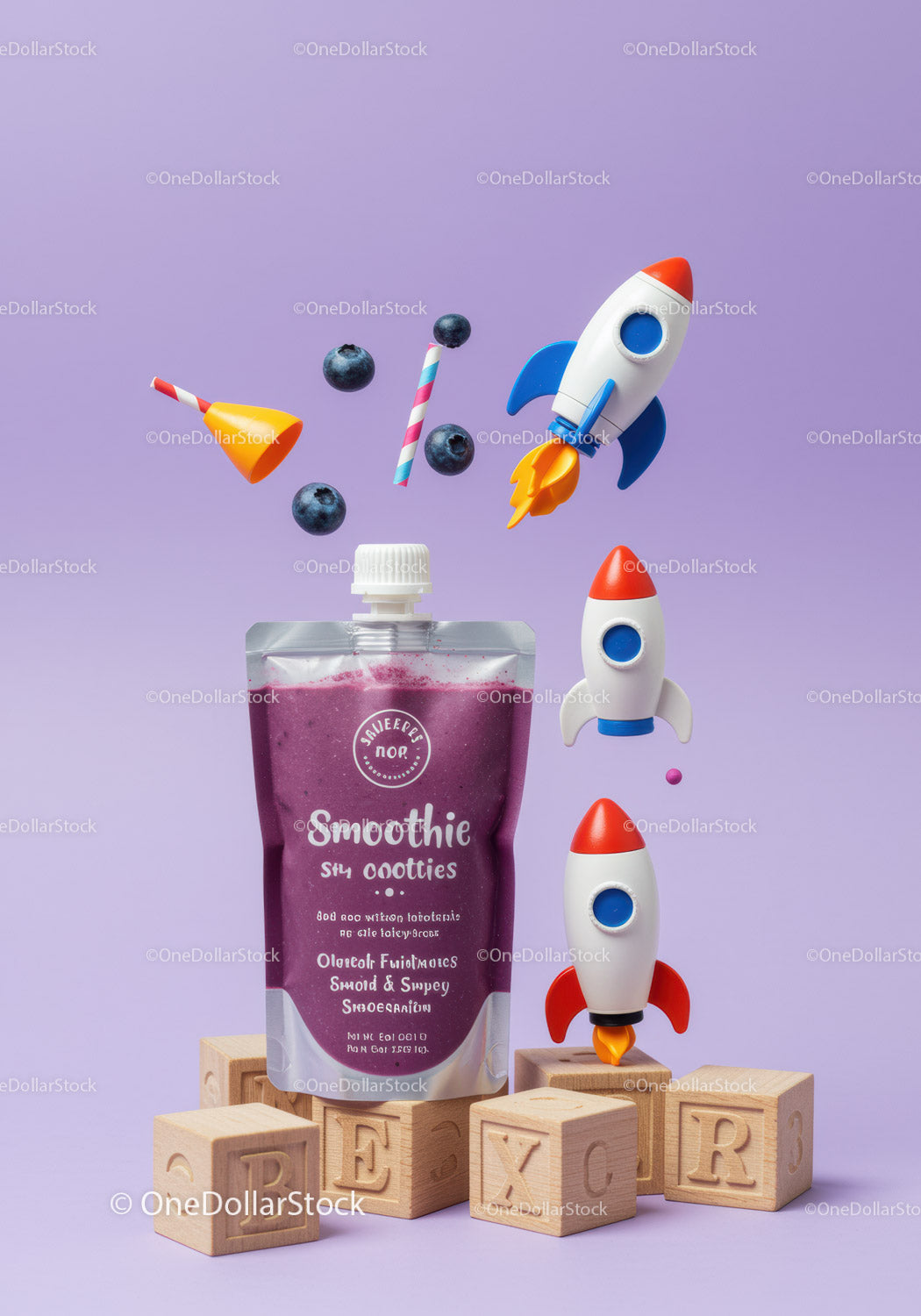 Berry Smoothie with Toy Rockets and Wooden Blocks