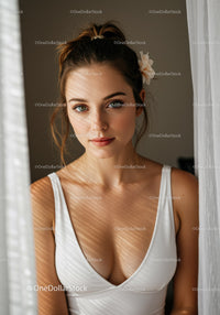 Elegant Woman with Blue Eyes in Natural Light with Curtains